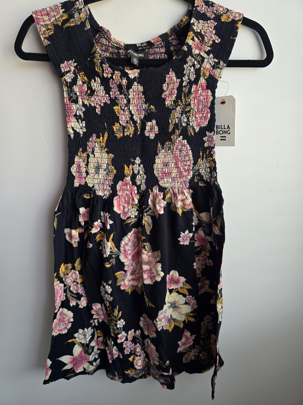 Billabong Black Floral Smocked Shirt with Pink & Yellow Flowers (OFF BEACH)